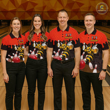 Load image into Gallery viewer, Men's bowling team wearing matching Black and Red Funny Bee Beer Bowling shirts, front view