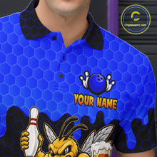 Load image into Gallery viewer, Close-up of the men's Black and Blue Funny Bee Beer Bowling polo shirt highlighting the collar, button placket, chest bee artwork and premium fabric details