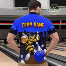 Load image into Gallery viewer, Male model wearing the Black and Blue Funny Bee Beer Bowling quarter zip shirt featuring modern blue hexagon graphics, back view