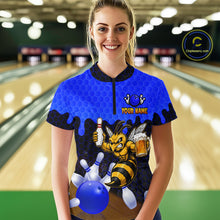 Load image into Gallery viewer, Female model wearing the Black and Blue Funny Bee Beer Bowling quarter zip shirt featuring funny bee and beer themed bowling artwork, front view