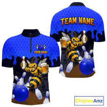 Load image into Gallery viewer, Black and Blue Funny Bee Beer Bowling quarter zip bowling shirt featuring a funny bee, beer mug and bold black and blue hexagon design for men