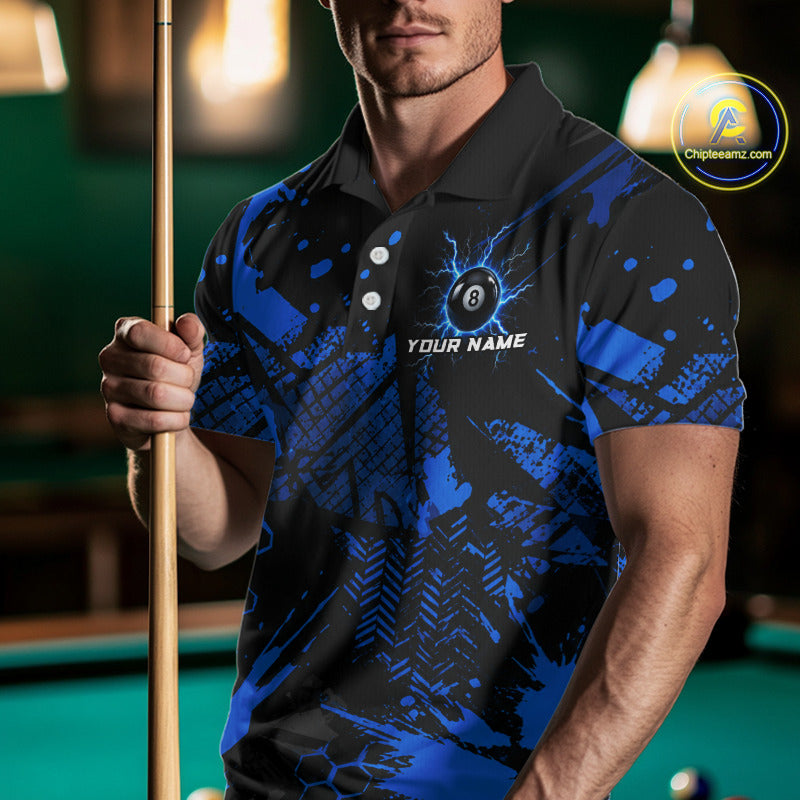 Black And Blue Grunge Lightning 8 Ball Pool Jersey For Men Custom Billiard League Team Shirts TDM7172