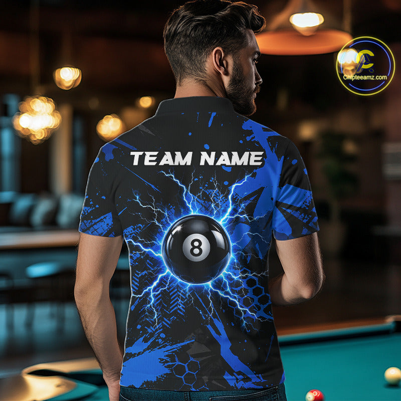 Black And Blue Grunge Lightning 8 Ball Pool Jersey For Men Custom Billiard League Team Shirts TDM7172