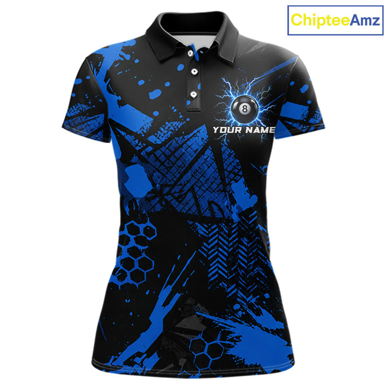 Black And Blue Grunge Lightning 8 Ball Pool Jersey For Women Custom Billiard League Team Shirts TDM7172