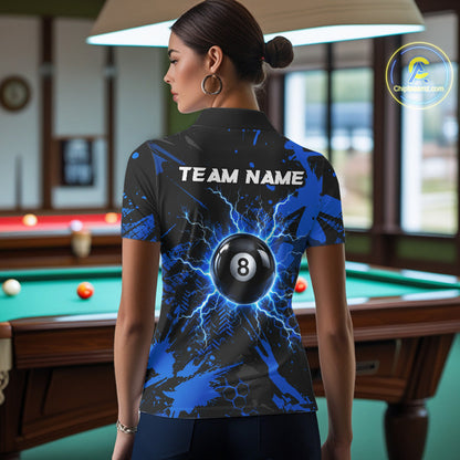 Black And Blue Grunge Lightning 8 Ball Pool Jersey For Women Custom Billiard League Team Shirts TDM7172