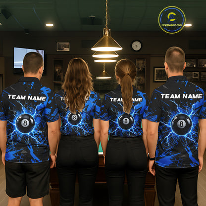 Black And Blue Grunge Lightning 8 Ball Pool Jersey For Women Custom Billiard League Team Shirts TDM7172