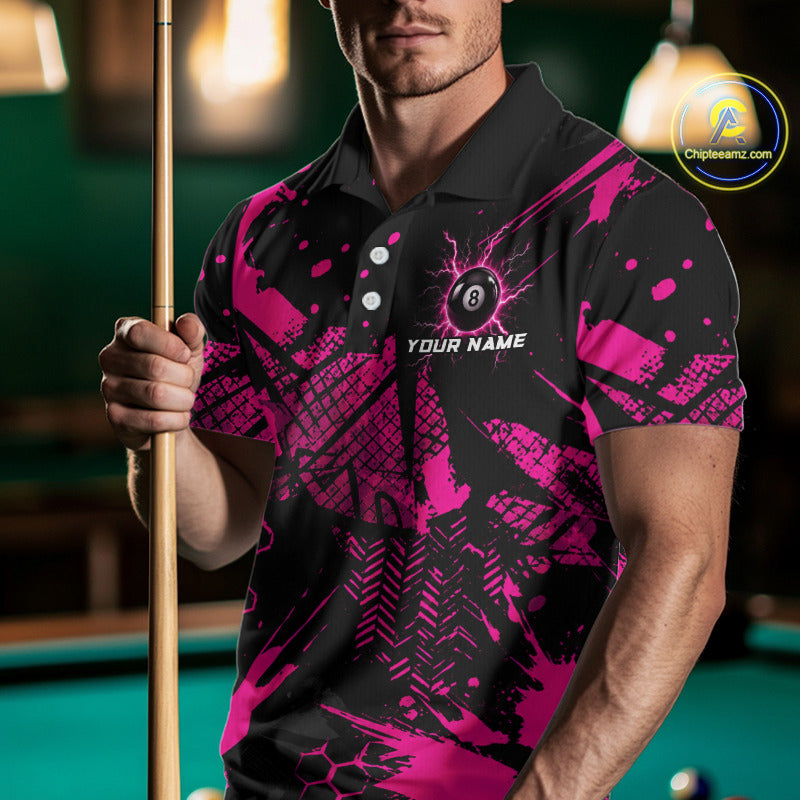 Pink And Black Grunge Lightning 8 Ball Pool Jersey For Men Custom Billiard League Team Shirts TDM7173