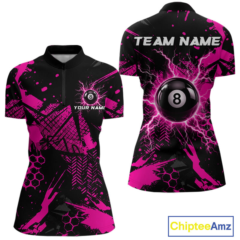 Pink And Black Grunge Lightning 8 Ball Pool Jersey For Women Custom Billiard League Team Shirts TDM7173