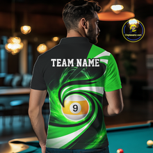 Load image into Gallery viewer, Man wearing black and green 8 ball and 9 ball pool billiard team jersey polo shirt featuring bold black and green graphics, back view.