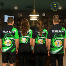 Load image into Gallery viewer, Billiard team wearing matching black and green 8 ball and 9 ball pool team jerseys featuring premium custom artwork, back view.