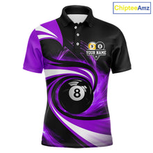 Load image into Gallery viewer, Black and purple 8 ball and 9 ball pool billiard team jersey polo shirt for men featuring bold black and purple graphics, premium custom pool league apparel for tournaments, league play and competitive billiard teams.