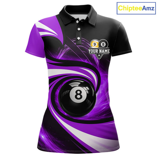 Black and purple 8 ball and 9 ball pool billiard team jersey polo shirt for women featuring bold black and purple graphics, premium custom pool league apparel for tournaments, league play and competitive billiard teams.