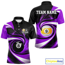Load image into Gallery viewer, Black and purple 8 ball and 9 ball pool billiard team jersey polo shirt for men featuring bold black and purple graphics, premium custom pool league apparel for tournaments, league play and competitive billiard teams.