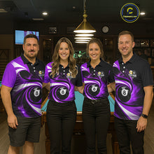 Load image into Gallery viewer, Billiard team wearing matching black and purple 8 ball and 9 ball pool team jerseys featuring premium custom graphics, front view.