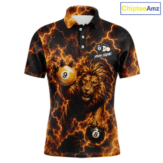 Custom yellow lightning lion 8 ball and 9 ball billiard pool team jersey polo shirt for men featuring a powerful lion with yellow lightning artwork, premium custom pool league apparel for tournaments and competitive billiard players.