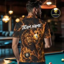 Load image into Gallery viewer, Man wearing custom yellow lightning lion 8 ball and 9 ball billiard pool team jersey polo shirt featuring the yellow lightning lion design, back view.
