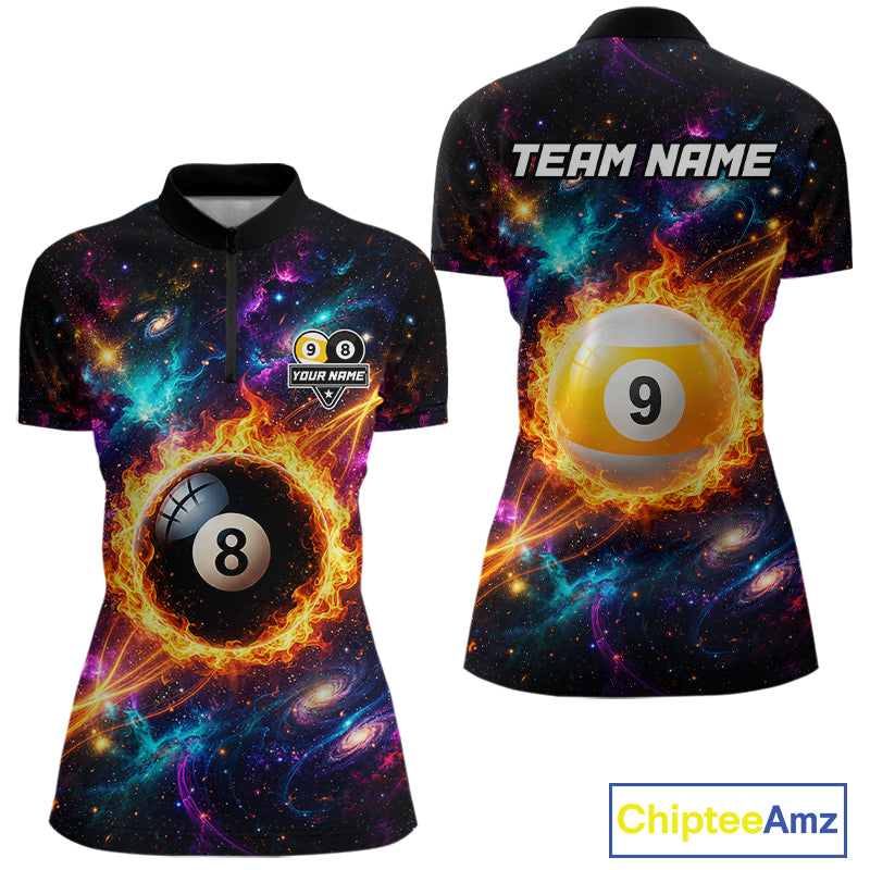 Personalized Galaxy Fire 8 Ball 9 Ball Billiard Shirt For Women, Pool Team Jersey Polo & Quarter Zip TDM7235
