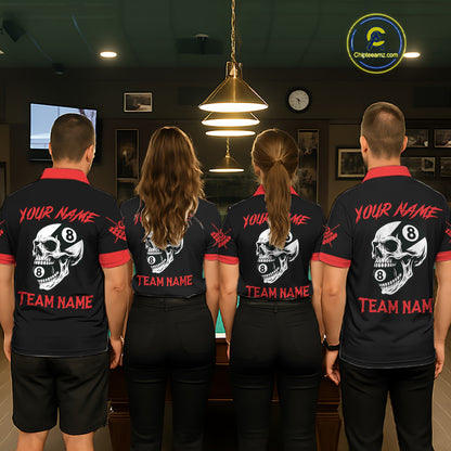 Personalized 8 Ball Pool Skull Argyle Pattern Women's Billiard Shirts, Billiard Team Jersey |Red TDM5719