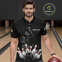 Load image into Gallery viewer, Man wearing funny Grim Reaper smoke black bowling team jersey polo shirt featuring smoky Grim Reaper artwork, front view.