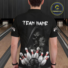 Load image into Gallery viewer, Man wearing funny Grim Reaper smoke black bowling team jersey polo shirt featuring smoky Grim Reaper artwork, back view.