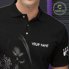Load image into Gallery viewer, Close-up of the funny Grim Reaper smoke black bowling team jersey polo shirt showing the collar, buttons, premium performance fabric and detailed Grim Reaper smoke graphics.