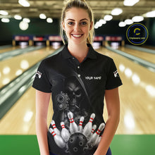 Load image into Gallery viewer, Woman wearing funny Grim Reaper smoke black bowling team jersey polo shirt featuring smoky Grim Reaper artwork, back view.