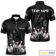 Load image into Gallery viewer, Funny Grim Reaper smoke black bowling team jersey polo shirt for men featuring a dark Grim Reaper with smoky artwork, premium custom bowling league apparel for tournaments and competitive bowling teams.