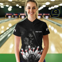 Load image into Gallery viewer, Woman wearing funny Grim Reaper smoke black bowling team jersey polo shirt featuring smoky Grim Reaper artwork, front view.