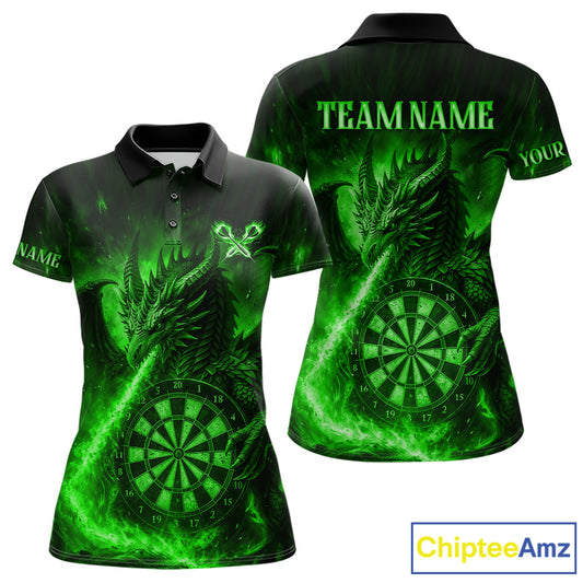 Green Flaming Dragon Darts Jersey For Women Custom Polo & Quarter Zip Darts League Team Shirt TDM5489