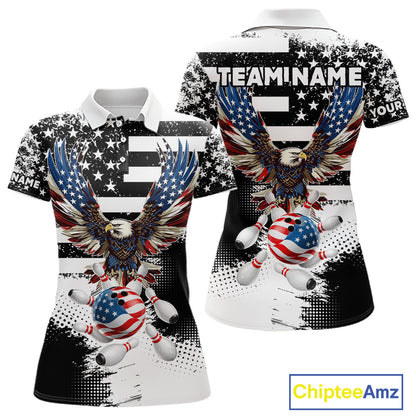 Custom Bowling Shirts For Women, Grunge Eagle American Flag Bowling Jersey Team Polo & 1/4 Zip TDM6545
