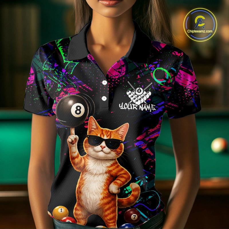 Custom Funny Cat Graffiti 8 Ball Pool Billiard Shirts For Women, Billiard Team Jersey Polo & 1/4 Zip TDM6558
