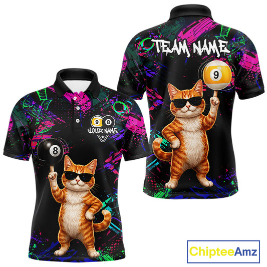 Funny Cat 8 Ball & 9 Ball Graffiti Billiard Shirts For Men Custom Pool Team Jersey Polo & 1/4 Zip TDM6559