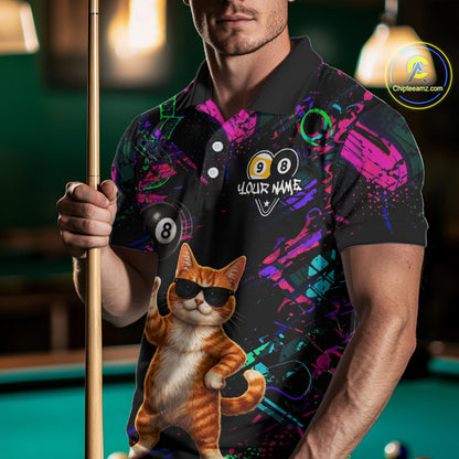 Funny Cat 8 Ball & 9 Ball Graffiti Billiard Shirts For Men Custom Pool Team Jersey Polo & 1/4 Zip TDM6559