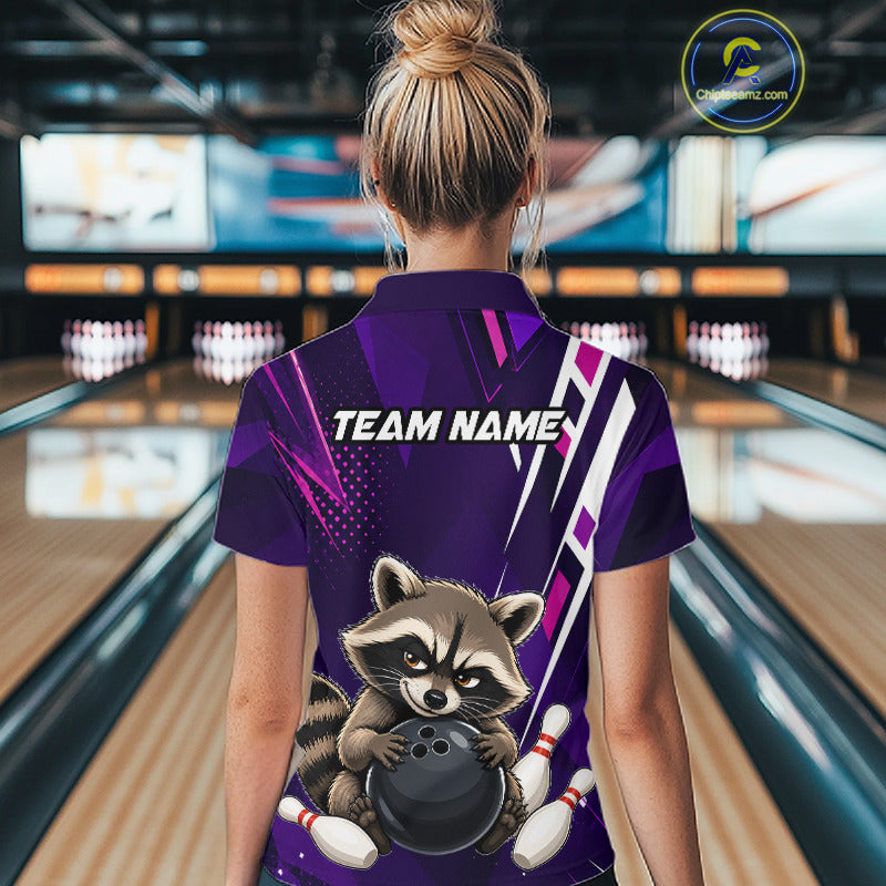 Woman wearing custom purple funny raccoon bowling team jersey polo shirt featuring funny raccoon artwork, back view.