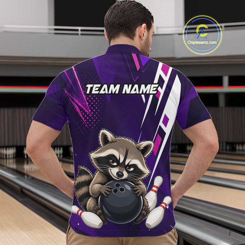 Man wearing custom purple funny raccoon bowling team jersey quarter zip shirt featuring funny raccoon artwork, back view.