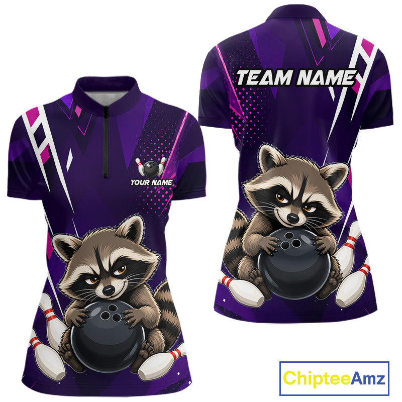 Custom purple funny raccoon bowling team jersey quarter zip shirt for women featuring funny raccoon bowling artwork, premium custom bowling apparel.
