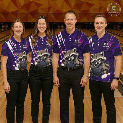Bowling team wearing matching custom purple funny raccoon bowling team jerseys, front view.