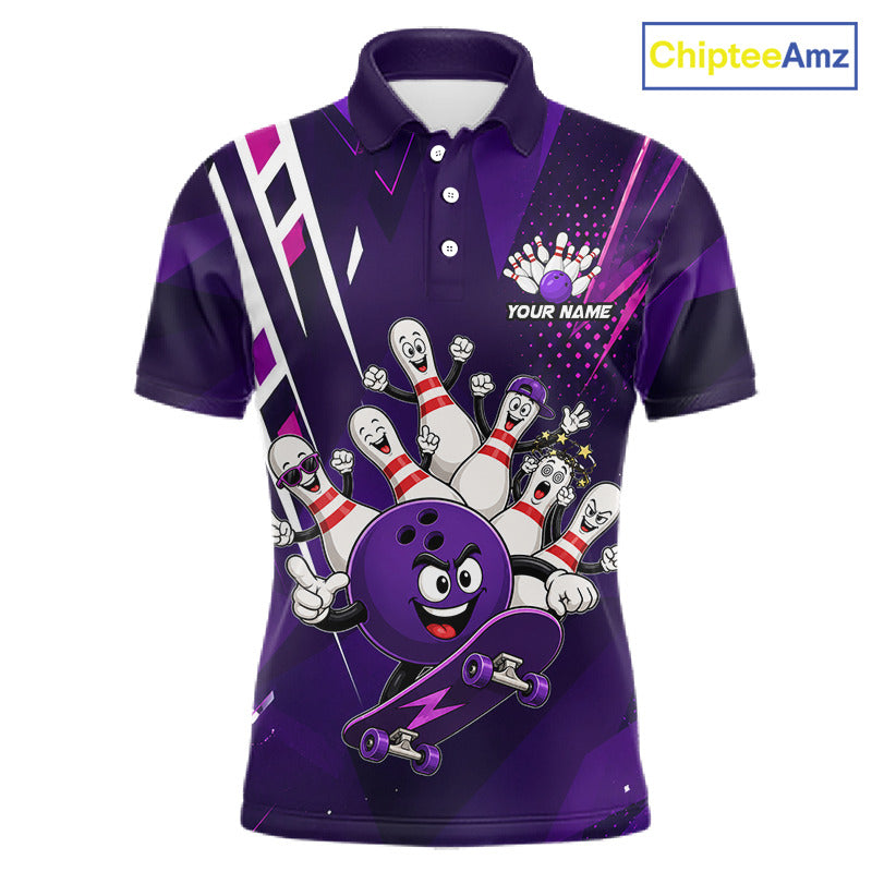 Personalized purple funny skateboarding bowling ball bowling team jersey polo shirt for men featuring a playful skateboarding bowling ball design, premium custom bowling team apparel.