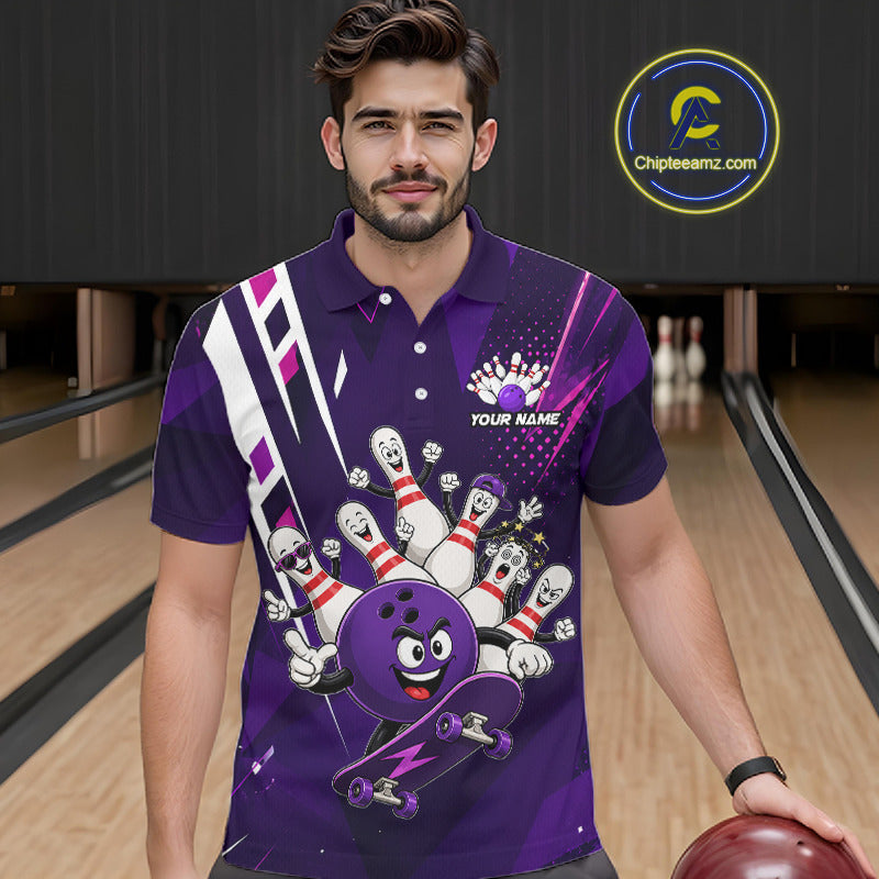 Man wearing personalized purple funny skateboarding bowling ball bowling team jersey polo shirt featuring skateboarding bowling ball artwork, front view.