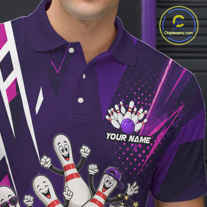 Close-up of personalized purple funny skateboarding bowling ball bowling team jersey polo shirt featuring collar, buttons and skateboarding bowling ball artwork.