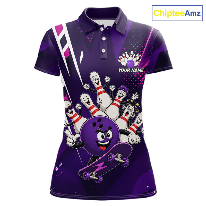 Personalized purple funny skateboarding bowling ball bowling team jersey polo shirt for women featuring a playful skateboarding bowling ball design, premium custom bowling team apparel.