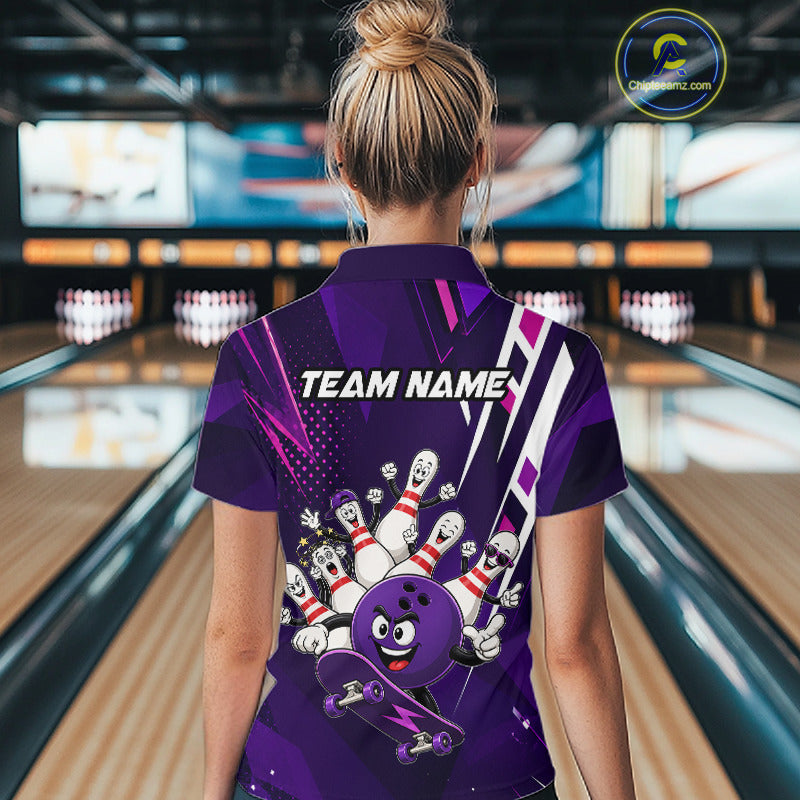 Woman wearing personalized purple funny skateboarding bowling ball bowling team jersey polo shirt featuring skateboarding bowling ball artwork, back view.