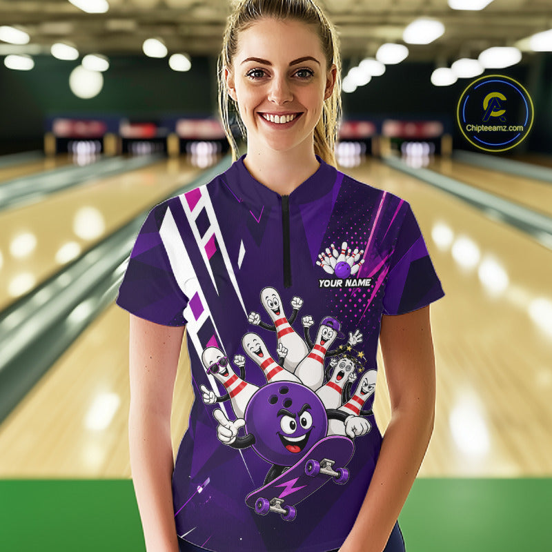 Woman wearing personalized purple funny skateboarding bowling ball bowling team jersey quarter zip shirt featuring skateboarding bowling ball artwork, front view.