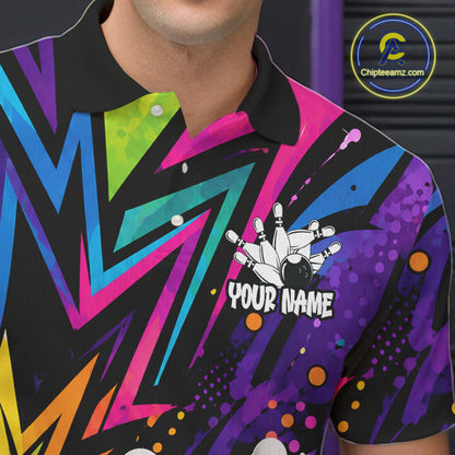 Close-up of funny colorful bowling ball bowling team jersey polo shirt featuring collar, buttons and colorful bowling ball artwork.