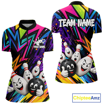Funny colorful bowling ball bowling team jersey quarter zip shirt for women featuring colorful bowling ball artwork, premium custom bowling apparel.