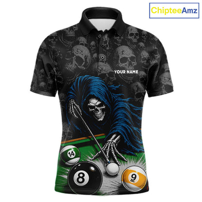 Personalized Funny Grim Reaper Skull 8 Ball 9 Ball Billiard Polo Shirt Featuring a Playful Skull Design for Pool League Players, Team Competition, and Tournament Events