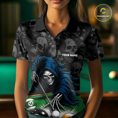 Woman Wearing Personalized Funny Grim Reaper Skull 8 Ball 9 Ball Billiard Polo Shirt with Athletic Performance Fit and Eye Catching Graphic Artwork, Front View