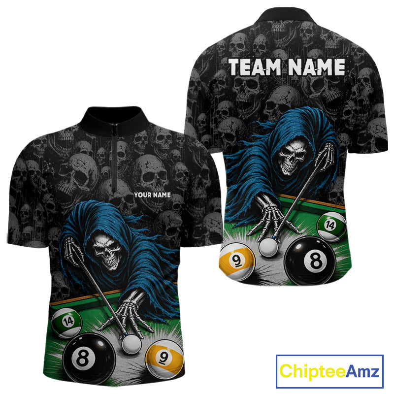 Personalized Funny Grim Reaper Skull 8 Ball 9 Ball Quarter Zip Billiard Shirt Created for Pool League Teams with Premium Performance Fabric and Competitive Team Design