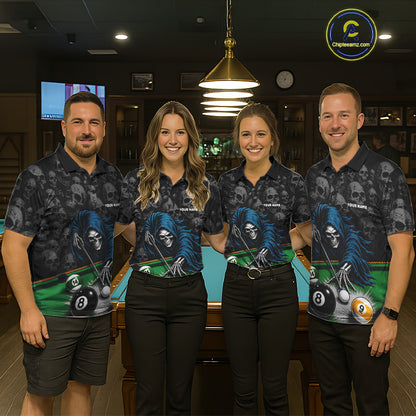 Pool Team Wearing Personalized Funny Grim Reaper Skull 8 Ball 9 Ball Billiard Jerseys During League Matches and Tournament Competition, Front View