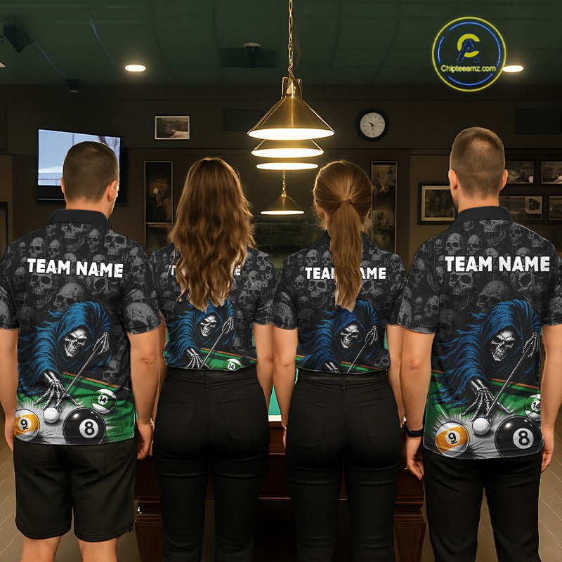 Pool Team Wearing Personalized Funny Grim Reaper Skull 8 Ball 9 Ball Custom Billiard Team Jerseys Featuring the Complete Back Artwork, Back View